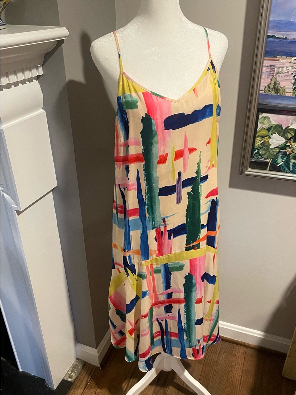 Abstract Multicolor Slip Dress - Cream Base